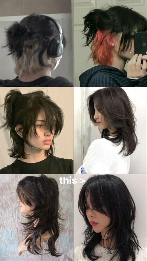 Alt Long Layered Hair, Wolfcut In A Ponytail, Wolfcut With Glasses, Wolfcut Straight Hair Unstyled, Jelly Fish Haircut Medium, Wolf Cut Hair Color, Tomboy Wolfcut, Wolf Cut Back View, Haircut Ideas Aesthetic