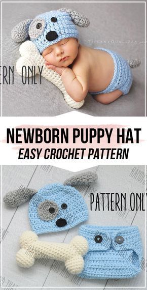 crochet Newborn Puppy Hat and Diaper Cover Set pattern - easy crochet hat pattern for beginners Newborn Puppy, Boy Crochet Patterns, Crochet Baby Projects, Easy Crochet Hat Patterns, Diaper Cover Pattern, Puppy Hats, Crochet Diaper Cover, Newborn Puppies, Crochet Baby Hat Patterns