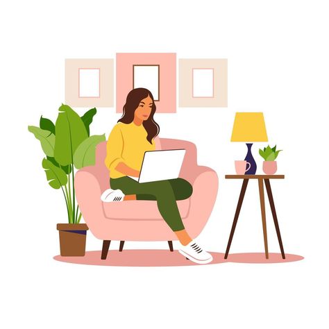 Laptop Concept, Concept Illustration, Woman Sitting, Work From Home, Premium Vector, From Home, Healthy Lifestyle, Laptop, Education