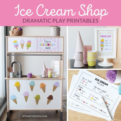 Ice Cream Shop Dramatic Play ideas and printables - My Party Design Ice Cream Addition, Ice Cream Dramatic Play, Ice Cream Shop Dramatic Play, Play Town, Cone Template, Play Ice Cream, Play Printables, Dramatic Play Printables, Ice Cream Illustration