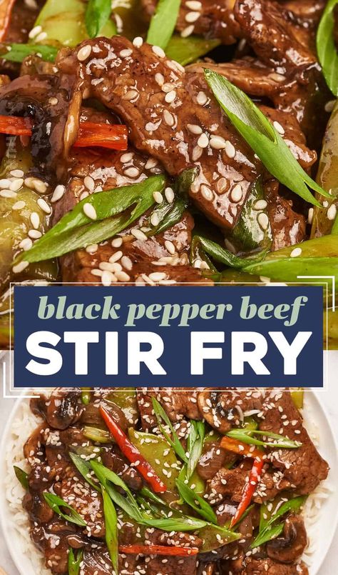 This black pepper beef stir fry is made with tender pieces of steak that are tossed in a deliciously sticky, savory, and slightly sweet sauce that perfectly coats the beef and veggies! Made in one skillet, and ready in about 30-40 minutes, it’s the ultimate weeknight dinner idea. Skip the takeout and make your own! Black Pepper Chicken Stir Fry, Black Pepper Beef Stir Fry, Pepper Beef Stir Fry, Pepper Chicken Stir Fry, Recipes Grill, Easy Dinner Desserts, Black Pepper Beef, Pepper Beef, Steak Stir Fry