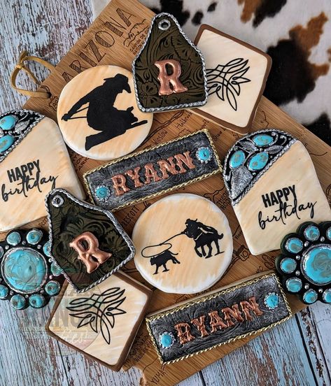 Happy Birthday Beautiful Cowgirl 🤎🖤🩵 #sugarranch #sugarcookies #decoratedcookies #cookiedecorating #royalicing #western #cowgirl #turquoise #westernjewelry #rodeo #cowboy #bootstitch #arizona Western Sugar Cookies, Ranch Cookies, Western Cookies, Hunting Birthday Cakes, Cowgirl Birthday Cakes, Cowgirl Cookies, Cowgirl Turquoise, Summer Prints Wallpaper, Hunting Birthday