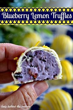 Filled with creamy blueberry preserves, cream cheese, white chocolate and then coated with tart lemon flavored chocolate. Purple Breakfast, Truffles Oreo, Summer Truffles, Lemon Truffle, Blueberry Preserves, Lemon Truffles, Dessert Truffles, Candy Truffles, Behind The Curtain