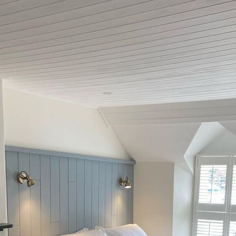 Sarah-Jane Cousens on Instagram: "A room I haven’t yet shared... the 4th bedroom. There have been some small changes in here but they’ve made such a difference to the feel of this space. Swipe to see the before... 👉🏼

Room Details: 
T&G panelling painted in Flax Blue @neptunehomeofficial 
Walls in Wimborne White @farrowandball 
Throw @johnlewisandpartners (bought in the January sales)
Wall lights @wayfairuk 
Side table @amazon 
Chest of drawers & artwork from the previous home owner" Light Blue Paneling, Blue And White Panelling Bedroom, Light Blue Board And Batten, Blue Wood Paneling, Pale Blue Panelling, Farrow And Ball Light Blue Bedroom, Beadboard Bedroom, Windy Blue, Wimborne White