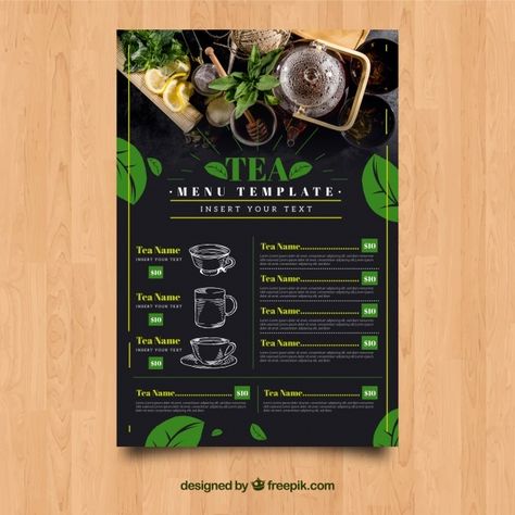 Tea menu template with leaves Premium Ve... | Premium Vector #Freepik #vector #menu #card #restaurant #nature Tea Menu Design Ideas, Menu Card Design, Hello Design, Tea Design, Menu Template, Menu Cards, Cafe Design, Menu Design, Design Project