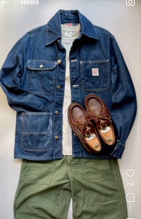 Denim Chore Jacket Outfit, Chore Jacket Outfit, Bald Guy, Denim Chore Jacket, Guy Fashion, 1 Hotel, Military Pants, Bald Men, Jacket Outfit