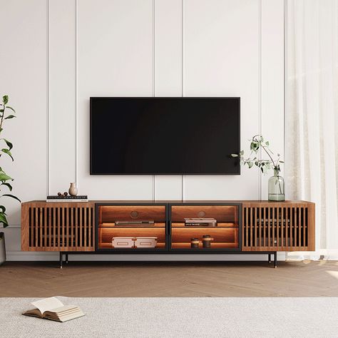 Slatted Tv Unit, Wood Tv Console Modern, Minimalist Media Console, Led Console Design, Tv Console Modern Minimalist, Media Console Decor, Media Console Ideas, American Style Interior Design, Media Console Living Room