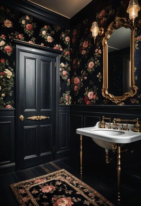 Gothic Bathroom Wallpaper, Romantic Gothic Bathroom, Gothic Powder Room, Dark Gothic Bathroom, Victorian Powder Room Ideas, Gothic Half Bath, Dark Moody Wallpaper Bathroom, Moody Victorian Aesthetic, Dark Victorian Homes Interior