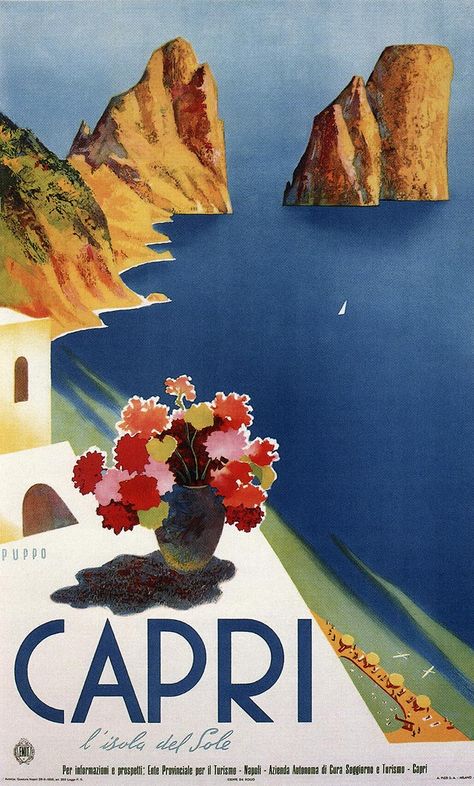 Isola di Capri Stare Reklamy, Vintage Italian Posters, Poster Art Deco, Italian Posters, Poster Advertising, Italy Poster, Postal Vintage, Retro Kunst, Travel Ads