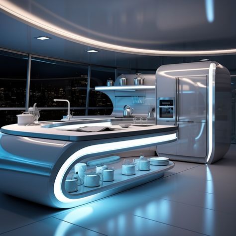 Futuristic Room Ideas, Futuristic House Interior, Futuristic Kitchen Design, Futuristic Home Interior, Cyberpunk House, Futuristic Kitchen, Space Station Interior, Futuristic Room, High Tech Interior