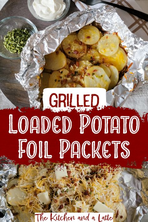 These grilled loaded potato foil packets are the ultimate summer side dish recipe! They are easy to prep in foil packs and cooks on the grill next to the rest of your food.  They take about 30 minutes to cook and have all the delicious flavors of a loaded baked potato! Make these loaded potato foil packs for your next cookout and your guests will love them!  #summersidedishes #grillrecipes Baked Potatoes On The Grill, Grilled Potatoes In Foil, Potato Foil Packets, Foil Potatoes On Grill, Potatoes On The Grill, Grilled Side, Grilled Dinner Recipes, Summer Side Dishes Recipes, Foil Packet Potatoes