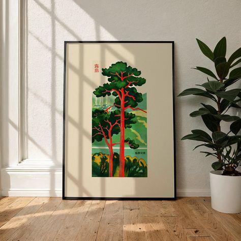 Elevate your space with this Japanese vintage art print, showcasing a serene tree and village in lush greens and vibrant reds. Blending traditional aesthetics with modern Japandi style, it's a perfect fit for gallery walls, living areas, or as a unique gift for art lovers. Do you like our prints? Feel free to visit our online store for even more art and special offers!: www.umamiprints.com ⚫ What will I get? A high-quality printed physical poster. ⚫ What are the sizes? We mostly print on ISO (In Art Wall Minimalist, Wall Art Posters Aesthetic, Scandinavian Wall Art Living Rooms, Modern Minimal Wall Art, Modern Tree Art, Modern Eclectic Wall Art, Japanese Houses Aesthetic, Japanese Inspired Wall Art, Japanese Minimalism Art