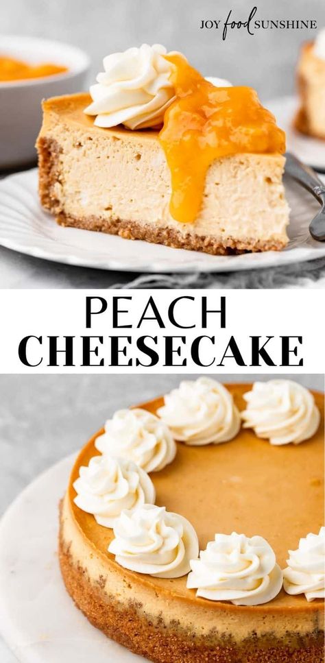 This peach cheesecake is rich & creamy with a buttery graham cracker crust. It is loaded with fresh peaches and served with an easy peach topping - plus homemade whipped cream, of course. It truly is the most delicious summer dessert! Cute Peach Desserts, Fresh Peach Cheesecake Recipes, Peach Cheesecake Recipes, Fresh Peach Cheesecake, No Bake Peach Cheesecake, Peaches And Cream Cheesecake, Peach Dishes, Summer Cheesecake Recipes, Peach Topping