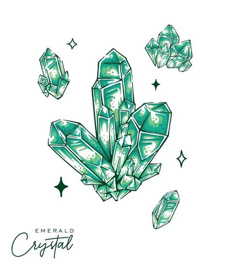 Set of emerald quartz illustration hand drawn crystal gemstone green color detailed drawing vector design Emerald Green Tattoo, Emerald Illustration, Emerald Drawing, Emerald Tattoo, Crystal Cartoon, Crystals Art Drawing, Crystal Illustration, Emerald Art, Crystals Art