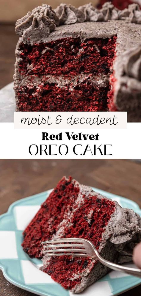 This red velvet Oreo cake is a fun twist on a traditional red velvet cake! It has Oreo cream cheese frosting and Oreo pieces baked into the cake layers. The cake stays soft and moist for days because it's made with oil, buttermilk, and sour cream. Traditional Red Velvet Cake, Red Velvet Oreo Cake, Oreo Cream Cheese Frosting, Oreo Cream Cheese, Red Velvet Desserts, Red Velvet Oreo, Oreo Cream, Cake Layers, Oreo Cake