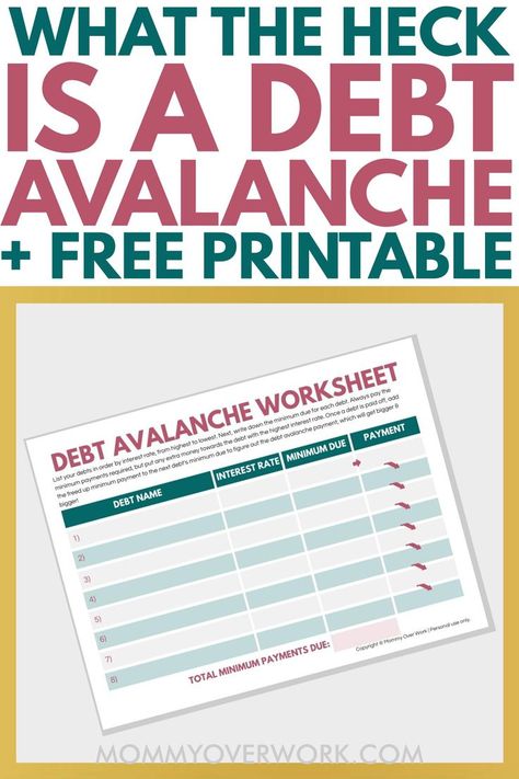 Free DEBT AVALANCHE worksheet printable tracker spreadsheet. See why this method of paying down your debt can accelerate reducing debt, saving money, and repairing or improving your credit score. Check how it compares to Dave Ramsey’s popular method of debt snowball. Use the free calculator to compare your payments and savings. Get tips to get yourself out of debt and onto a better life. Debt Avalanche Method, Reducing Debt, Debt Snowball Worksheet, Dave Ramsey Debt, Debt Avalanche, Printable Tracker, Debt Payoff Printables, Budget Goals, Debt Snowball