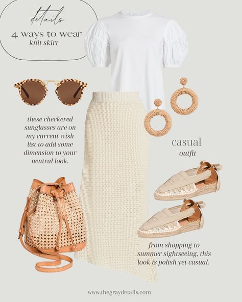 Cream Skirt Outfit, Knit Set Outfit, White Blouse Outfit, Crochet Skirt Outfit, Knit Skirt Outfit, Knit Skirt Set, Outfit Knit, Midi Skirt White, White Skirt Outfits