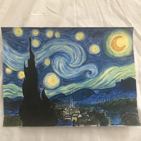 starry night recreation by @hiimbee (me!! lol) Stary Night Canvas Painting, Starry Night Polaroid Painting, Starry Night Style Painting, Starry Night Texture Painting, Starry Night Small Canvas, Famous Art Paintings, Easy Canvas, Easy Canvas Art, Famous Art