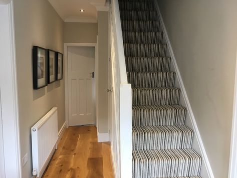 How dark is Egyptian Cotton? | Mumsnet Paint Wooden Floor, Egyptian Cotton Paint, Dulux Grey Paint, Hallway And Stairs Ideas, Dulux Egyptian Cotton, Painted Wooden Floors, Stairs Colours, Summer House Interiors, Entrance Hall Decor