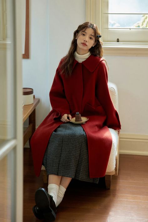 Dress And Coat Outfit, Korean Christmas Outfit, Red Coat Outfit, Red Korean, September Fashion, Outfit Korean Style, Long Skirt Fashion, Dress Korean, Stylish Work Attire