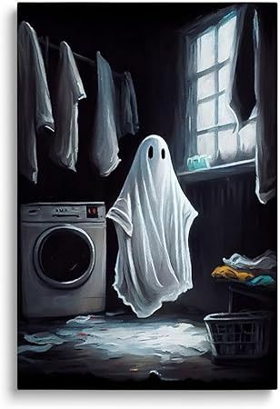 Amazon.com: SKYSUKEY Ghost in the Laundry, Halloween Bathroom Decor, Haunting Ghost Print, Gothic Wall Art, Funny Halloween Decor, Spooky Halloween Wall Decor, Framed Canvas, 20"x28": Posters & Prints Halloween Bathroom Decor, Candle Wall Art, Halloween Bathroom, Christmas Canvas Art, Bathroom Gifts, Gothic Wall Art, Wall Art Funny, Ghost Print, Halloween Wall Decor