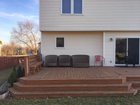 Deck Renovation Before And After, Deck Makeover Before And After, Deck Before And After, Dark Brown Deck, Deck Renovation Ideas, Dark Wood Decking, Deck Paint Colors, Dark Deck, Deck Renovation