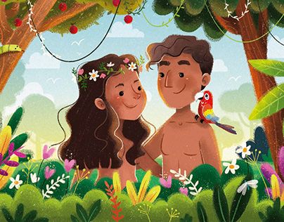 Adam And Eve Cartoon, Bible Illustrations Art, School Wall Art Ideas, Arte Pop Up, Bible Cartoon, 7 Days Of Creation, Christian Illustration, Bible Drawing, Jesus Cartoon