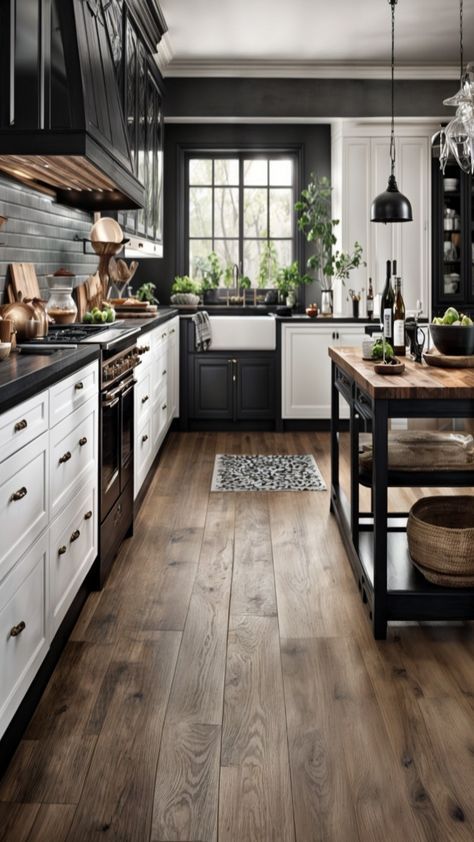 Kitchen With Dark Floors, Black White And Wood Kitchen, White And Wood Kitchen, Dark Cabinets Kitchen, Dark Kitchen Floors, Modern Wood Floors, Minimalist Living Room Ideas, Living Room Minimalist, Room Minimalist