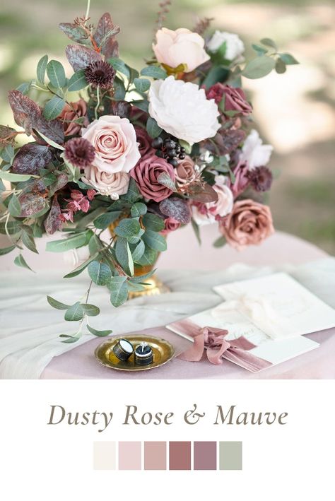 Dusty Rose Mauve Wedding, Mauve Wedding Colors, Wedding Color Palette Ideas, Dusty Pink Weddings, Mauve Wedding, Color Palette Ideas, Pink Wedding Theme, Dusty Rose Wedding, Vintage Wedding Theme