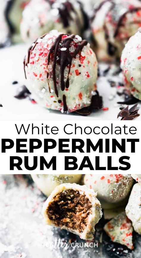 These White Chocolate Peppermint Rum Balls make for easy no bake Holiday dessert! A fun festive dessert made with natural gluten free ingredients; pure dark chocolate and white chocolate, coconut, spice rum, almonds, and peppermint. These rum balls are quick to make for parties, family gatherings, and more. White Chocolate Rum Balls, Gluten Free Rum Balls, Rum Balls No Bake, White Chocolate Balls, Peppermint Balls, Heavenly Dessert Recipe, Cotter Crunch, White Chocolate Coconut, Peppermint Truffles