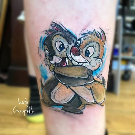 ~Chip and Dale~ Chip N Dale Tattoo, Chip And Dale Tattoo, Park Snacks, Disney Inspired Tattoos, Disney Sleeve Tattoos, Charm Tattoo, Woodcut Tattoo, Disney Sleeve, Cartoon Tattoo