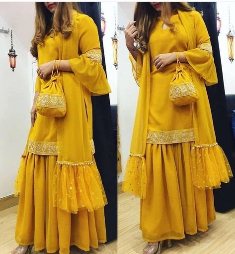 Haldi Function Dress For Sister, Skirt Top Design, Haldi Dress Ideas For Sisters, Dress For Haldi Function, Mayon Dress, Yellow Haldi Outfit, Gowns For Plus Size Women, Haldi Function Dress, Party Wear Evening Gowns