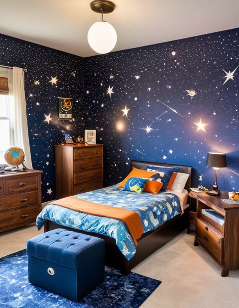 54 Cool And Unique Bedroom Designs Perfect For Teen Boys Teen Space Bedroom, Space Theme Room For Boys, Bedroom Ideas Themes, Space Room For Boys, Kids Space Bedroom, Teen Boys Bedroom Ideas, Ultra Modern Bedroom, Teen Boys Bedroom, Galaxy Bedroom