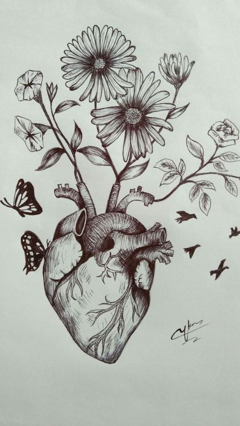 Unique Heart Drawing, How To Draw A Realistic Heart, Heart Drawing With Flowers, Heart Sketch Creative, Heart With Flowers Drawing, Creative Heart Drawing, Real Heart Drawing, Realistic Heart Drawing, Cool Heart Drawings