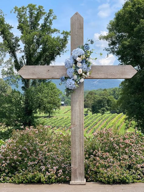 Cross Arbor For Wedding, Cross Arbor Flowers, Decorated Cross For Wedding, Wedding Cross Florals, Cross Decorations For Wedding, Cross Wedding Altar, Wooden Cross Wedding Ceremony, Cross Arbor Wedding, Cross Wedding Arch