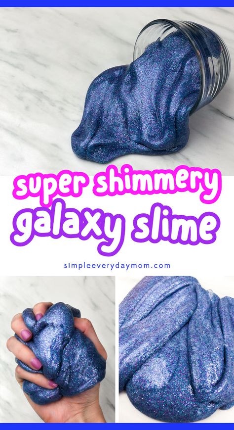 This easy galaxy slime recipe is the perfect summer activity for kids to do. It's a fun idea that'll get your kids creative juices flowing. It's simple to learn how to make and fun for children to play with!     #children #slime #slimerecipes #sensoryplay #teachers #summeractivities #rainydayplay #playideas #classroom #kindergarrten #funideasforkids #simpleeverydaymom #creativeplay #kidsactivities #activitiesforkids #kidscrafts #students #diyslime #kidsdiy #craftsforkids #sensory Space Slime For Kids, Galaxy Party Snacks, Creation Crafts For Elementary Kids, Space Vbs Crafts, Stellar Vbs Crafts, Stellar Vbs 2023 Crafts, Galaxy Dough, Galaxy Slime Recipe, Theme Espace