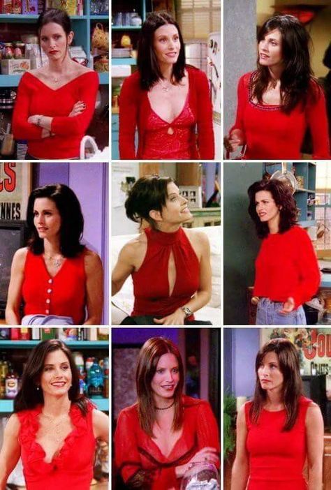 Monica in red was a concept Monica Red Outfit, Monica Geller Red Outfit, Monica Geller In Red, Monica Geller Outfits Red, Monica Red Dress, Monica In Red, Iconic Monica Geller Outfits, Monica Friends Outfits, Monica Outfits