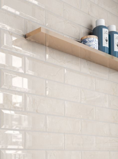 Textured Tiles Kitchen, Tiles In Kitchen, Beveled Subway Tile Backsplash, White Beveled Subway Tile, White Brick Tiles, White Subway Tile Bathroom, Bevelled Tiles, Subway Tile Design, Beveled Subway Tile