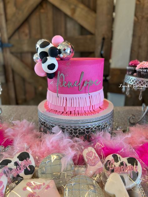 Cake by Lea creates the cutest cakes! Sassy Batch Home Made treats LLc created these amazind cookies too cute to eat!! Hot Pink Barbie Birthday Party, Disco Cowgirl 1st Birthday Cake, Space Cowgirl Birthday Party Cake, Hot Pink Cow Print Cake, Disco Cowgirl Cake Smash, Cowgirl Birthday Treats, Space Cowgirl Cake Ideas, Shania Twain Birthday Cake, Man I Feel Like I’m One Birthday Smash Cake