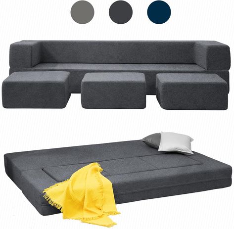 Mjkone Queen Convertible Velvet Futon Sofa Bed with 3 Ottomans,Memory Foam Pull Out Couch,Foldable Mattress Floor Sofa,Fold Out Couch Sleeper Sofa,Dark Grey Hide A Bed Couch, Velvet Futon, Mattress Floor, Folding Couch, Fold Out Couch, Velvet Sleeper Sofa, Floor Couch, Foldable Mattress, Floor Sofa