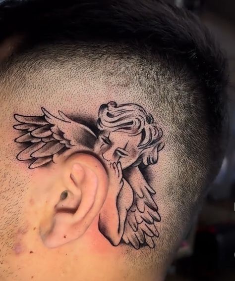 Angel Eyes Tattoo, Side Neck Tattoo Men, Angel Whispering In Ear Tattoo, Front Neck Tattoos For Men, Head Tattoo Men, Neck And Throat Tattoos Men, Sideburn Tattoo, Head Tattoo Ideas, Back Of Neck Tattoo Men