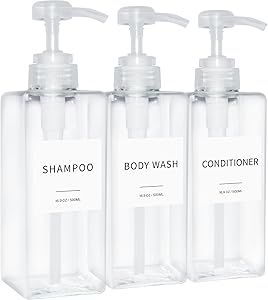 Shampoo and Conditioner Dispenser, Refillable Plastic Shampoo Pump Bottles with Waterproof Labels, Empty Body Wash Dispenser Set for Bathroom, Shower Soap Dispenser (Clear, Set of 3, 16.9oz) Shampoo And Conditioner Dispenser, Shower Soap Dispenser, Shampoo Dispenser, Shampoo Bottles, Shower Soap, Waterproof Labels, Accessories Holder, Bathroom Shelf, Shower Caddy