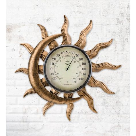 Bungalow Rose Sun and Moon Thermometer & Reviews | Wayfair Moon Clock, Moon Symbols, Mediterranean Decor, Outdoor Wall Decor, Sun And Moon, Store Decor, Sun Moon, Bungalow Rose, Antique Copper