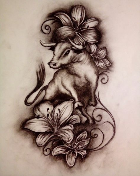 Bull and lily Bull Tattoo Feminine, Taurus Bull, Taurus Tattoos, Mommy Tattoos, Lily Tattoo, Flower Tattoos, Tattoo Ideas, Lily, Tattoos