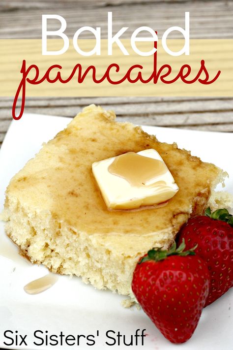 Baked Pancakes from SixSistersStuff.com. I made these, cut into squares, and froze them for busy mornings when we needed a good breakfast! #pancakes Baked Pancake Recipe, Wheat Waffles, Baked Pancakes, Six Sisters Stuff, Waffles Recipe, What's For Breakfast, Breakfast Pancakes, Think Food, Breakfast Breads