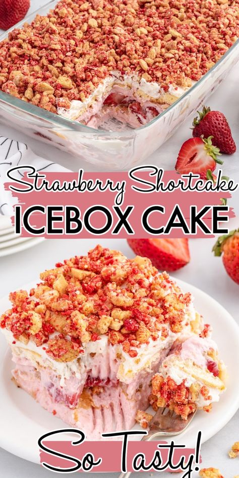 Strawberry Vanilla Oreo Dessert, Strawberry Shortcake Icebox Cake, Strawberry Shortcake Freezer Pie, Strawberry Shortcake Brownies, Fridge Desserts, Strawberry And Cream Cheese, Summertime Desserts, Strawberry Cream Cheese Filling, Icebox Cakes