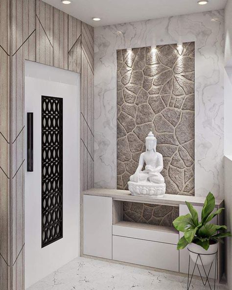 Entrance Buddha Decor, Buddha Home Decor Ideas Interior Design, Buddha Partition Design, Vinayagar Statue At Home Entrance, Budda Decoration At Home, Buddha Design Interiors, Buddha Statue In Living Room, Home Entrance Decor Indian, Main Entrance Decor Ideas