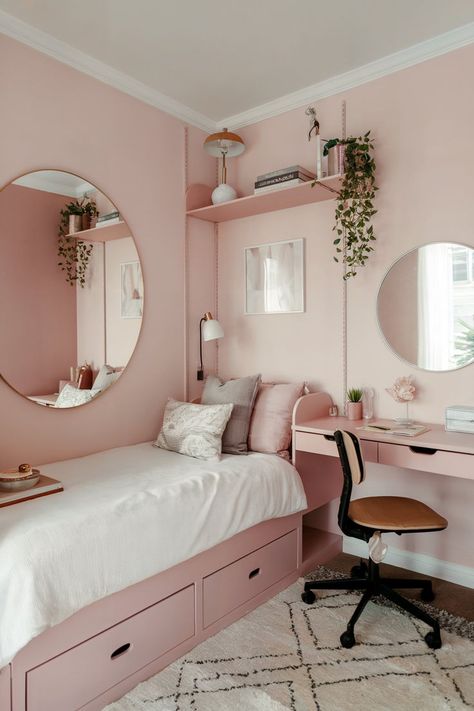 A small bedroom with soft, feminine decor, featuring a compact bed, minimal furnishings, and light-toned accents that make the space feel cozy and chic. Tiny Room Layout Bedrooms, Small Room Ideas Pink, Tiny Bedroom Ideas For Women, Extremely Small Bedroom, Extremely Small Bedroom Ideas, Tiny Bedroom Ideas, Modern Teen Bedrooms, Small Bedroom Design Ideas, Kids Bed Room