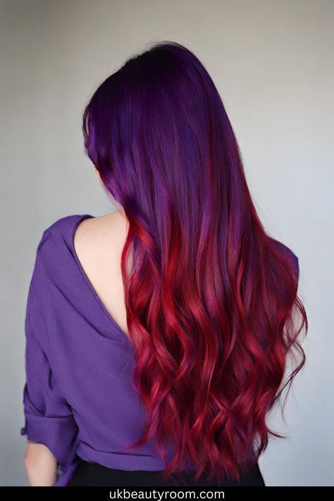 Cherry Red Hair Colors That Will Turn Heads Red With Purple Hair, Red Hair Purple Dress, Purple To Red Ombre Hair, Dark Purple And Red Hair, Purple To Red Hair, Red And Magenta Hair, Red And Purple Hair Color Ideas, Red To Purple Hair, Red Hair With Purple Highlights