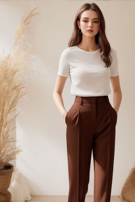 Brown Trousers Outfit Women, Brown Trousers Outfit, Brown Top Outfit, Casual Office Outfit, Trousers Women Outfit, Summer Work Outfits Office, Brown Pants Outfit, White Tops Outfit, Dark Brown Pants